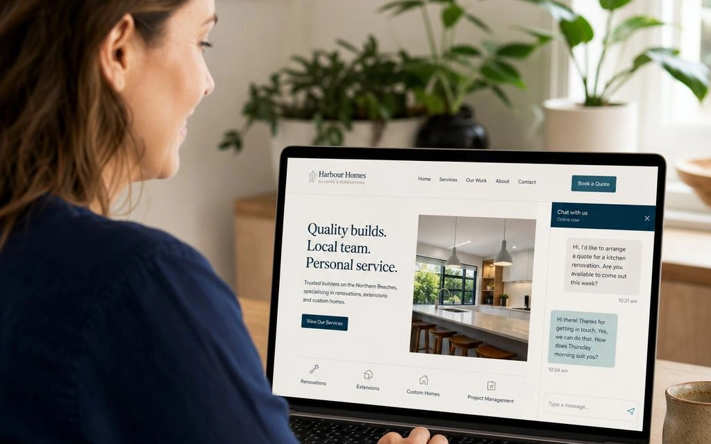 Illustrative scene of a customer using a business website with a discreet integrated sales conversation on her laptop