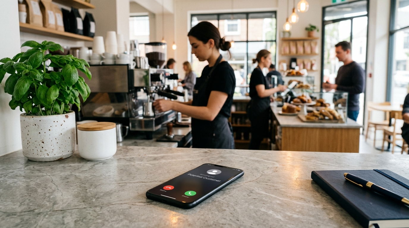 Business owner attending to customers while a phone enquiry waits