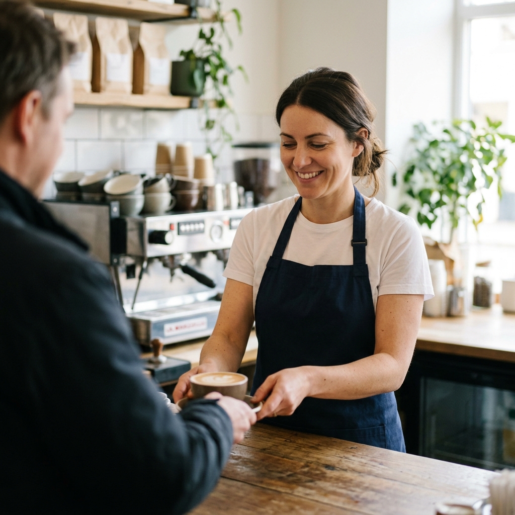 A café owner handing a coffee to a customer across the counter