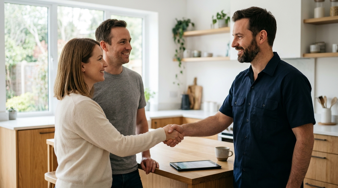 A business owner shaking hands with a couple in their kitchen