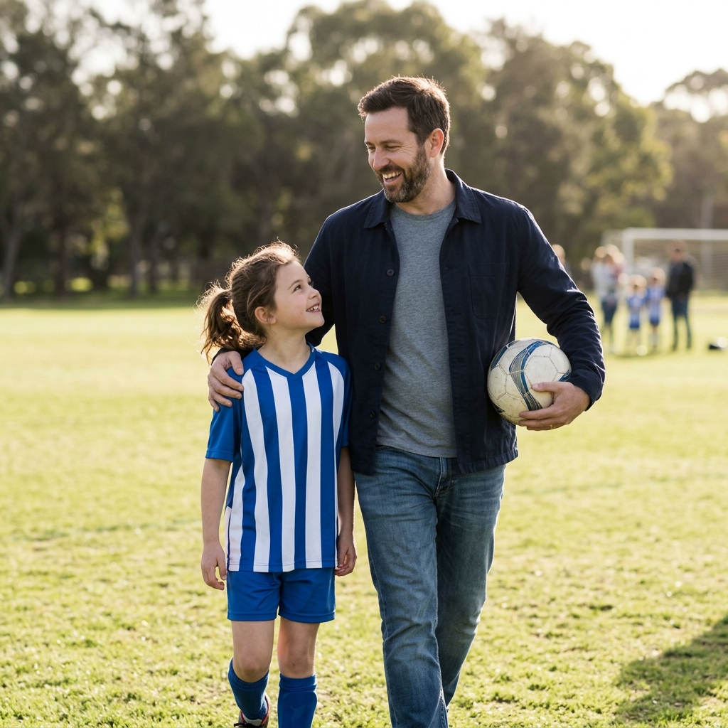 A father and daughter walking together across a soccer field