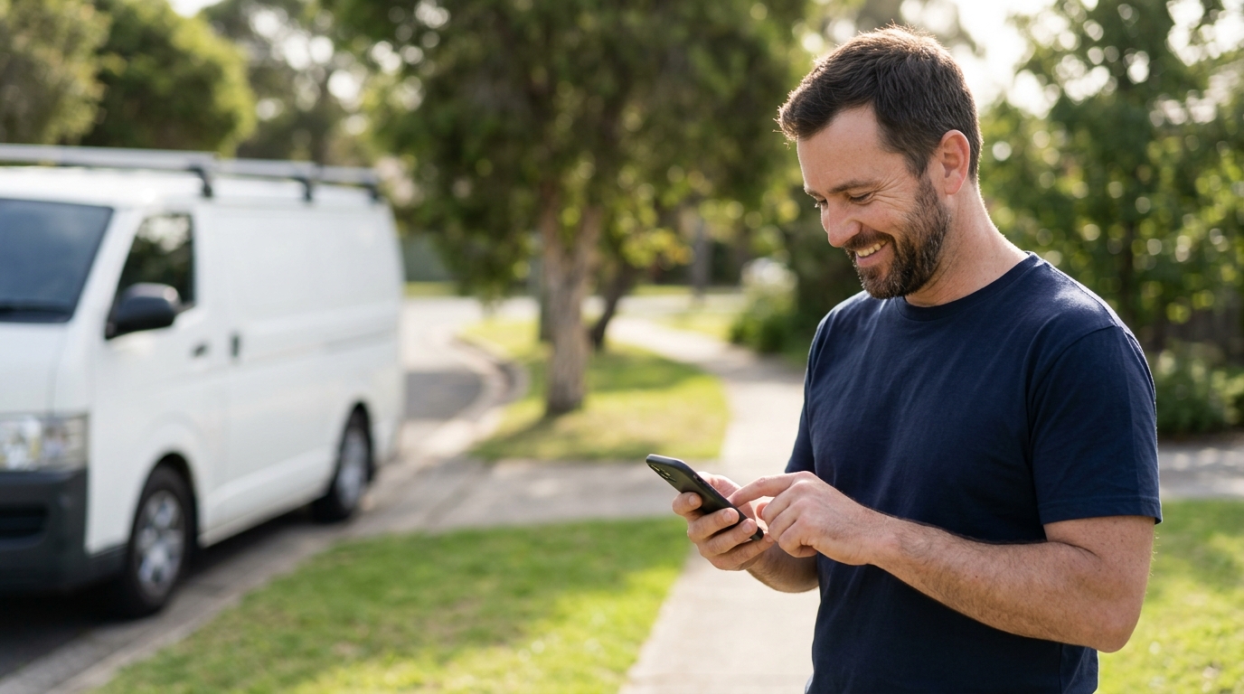 A business owner typing on his phone outside with his work van behind him
