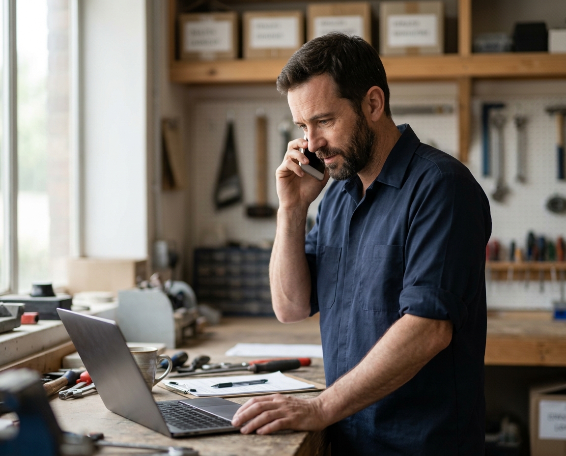 A business owner taking a phone call at his workbench beside a laptop